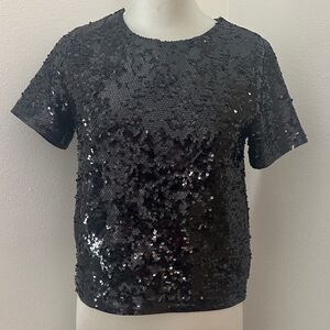 Michael Kors black sequin short sleeve top blouse XS back zip